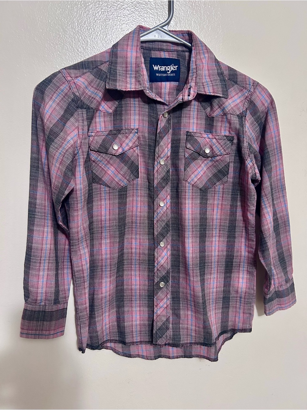 Wrangler Boys Medium Plaid Button-Front Shirt in Pink, Blue, & Gray